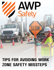 Road construction site with a worker in a high-visibility vest directing traffic, an orange 'SLOW' sign, and traffic cones; tips for avoiding work zone safety missteps (AWP Safety).