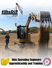 Woman beside a yellow excavator on a dirt site as dirt pours from the bucket; '#SheDig 2025' and 'Ohio Operating Engineers Apprenticeship and Training' logos.