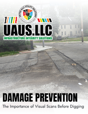 Company logo in the top-left with the title 'DAMAGE PREVENTION' and subtitle 'The Importance of Visual Scans Before Digging' over a road scene, conveying safety before digging actions.