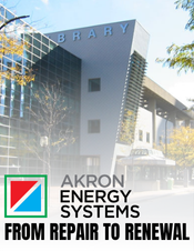 AKRON ENERGY SYSTEMS logo with a red/blue triangle and the slogan "From Repair to Renewal" in front of their building.