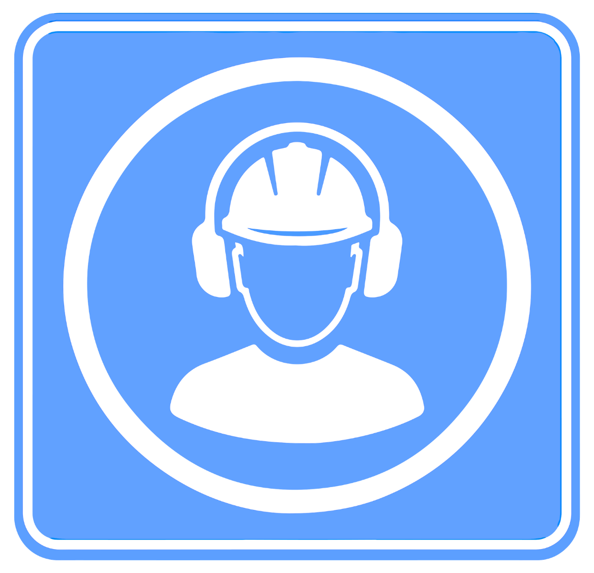 Blue icon of a worker with a hard hat and headset, symbolizing technical support on a blue rounded square background.