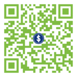 Lime-green QR code with three finder squares; center has a blue circular badge featuring a white dollar sign.