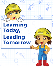 Two cartoon kids in yellow construction helmets flank a white sign reading 'Learning Today, Leading Tomorrow' in blue, with a light‑blue doodle background of lightbulbs and paper planes.
