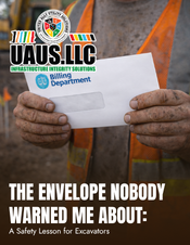 Worker in an orange safety vest holds an envelope from a safety poster for excavators, titled 'The Envelope Nobody Warned Me About: A Safety Lesson for Excavators' with UAUS, LLC logo.