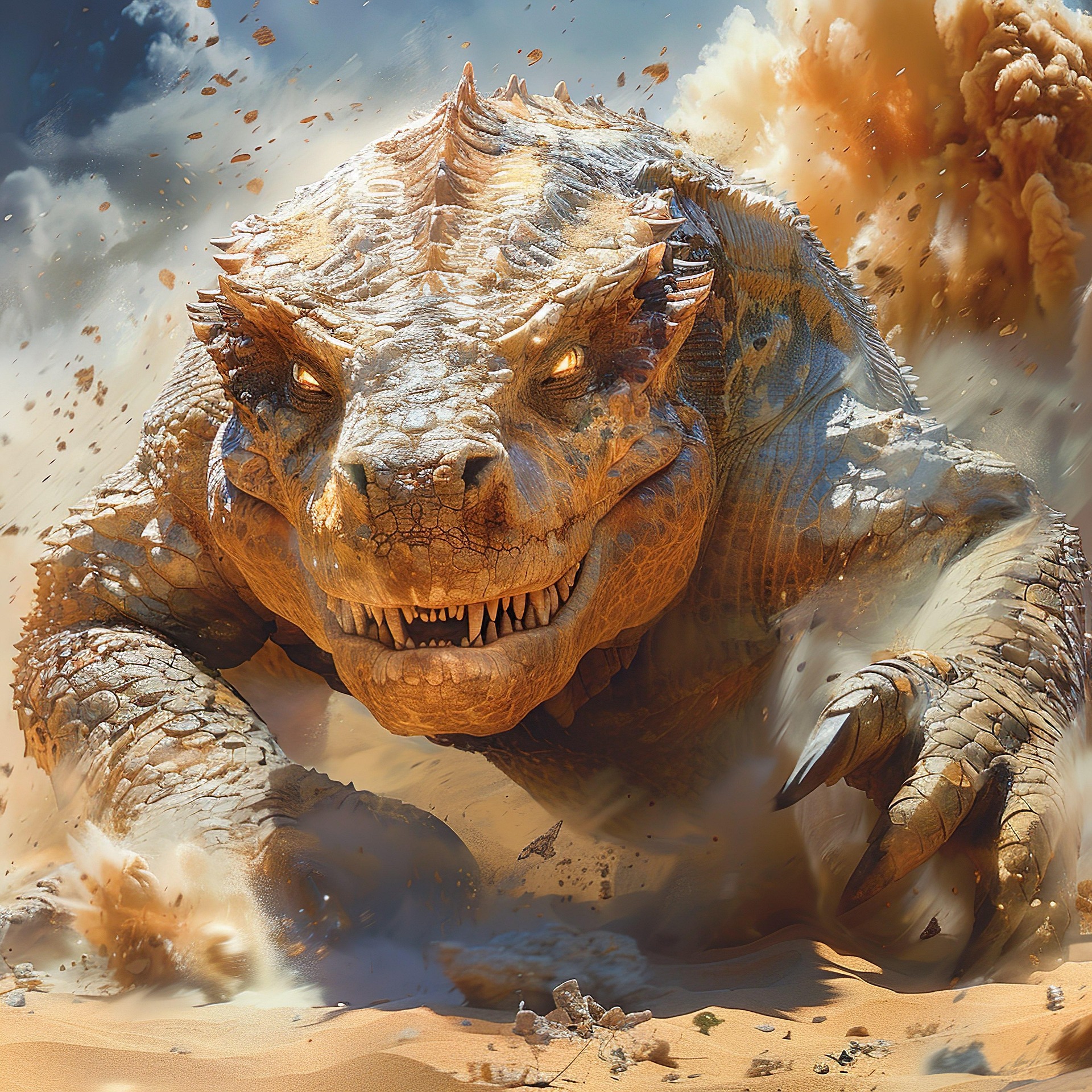 Buried monster | OHIO811 Giant armored dinosaur charges through a desert, dust and debris flying around in a chaotic battle scene, eyes glowing.