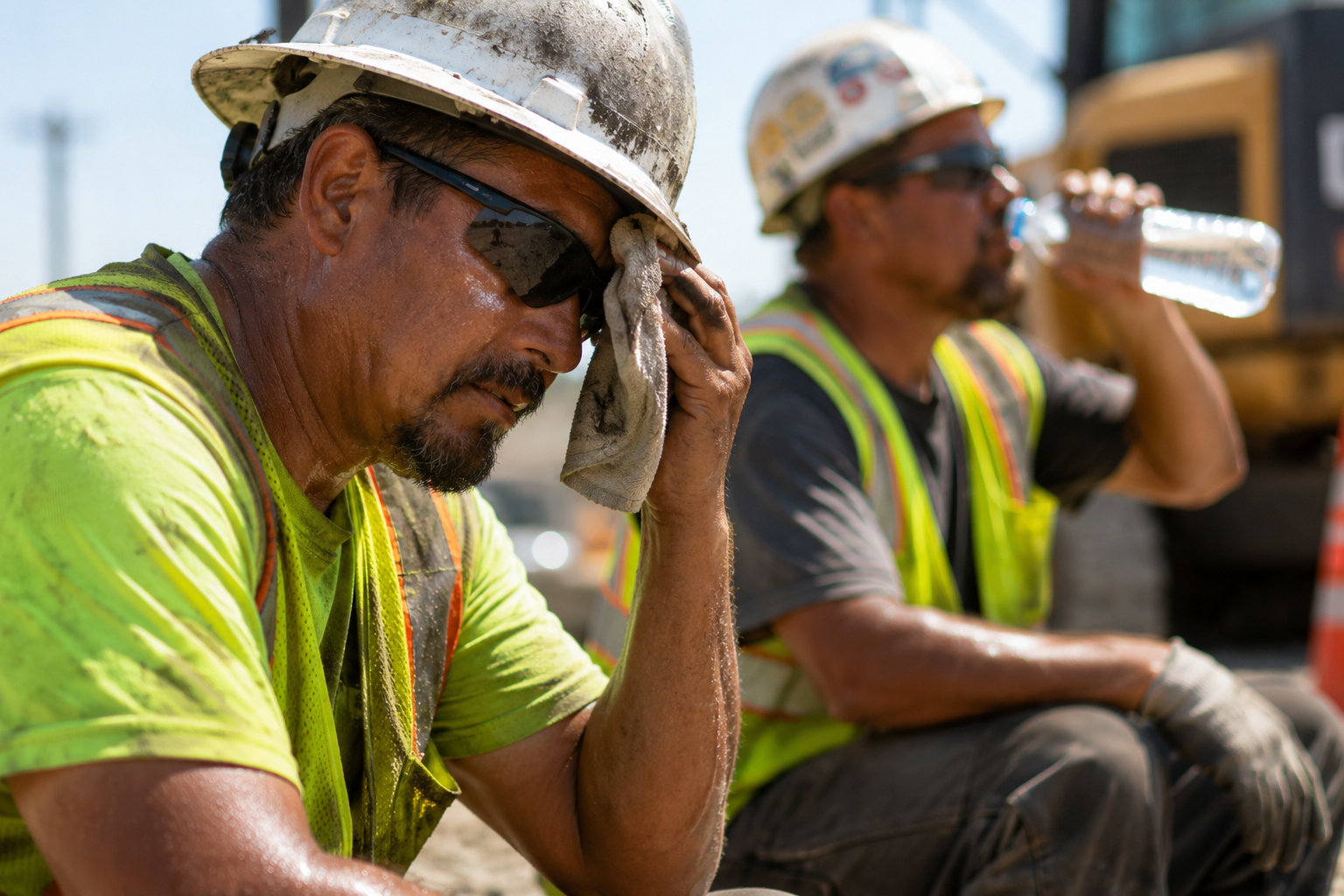 Two construction workers wearing hard hats and high‑visibility vests rest on a dusty job site; one wipes sweat from his face with a cloth while the other drinks water.