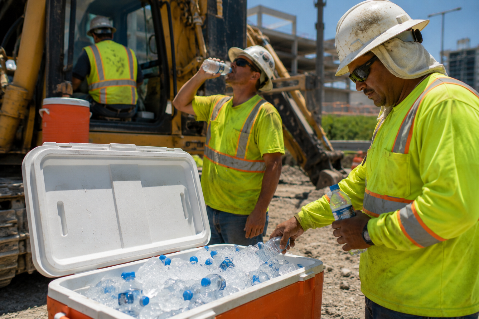 Two construction workers in neon safety vests and hard hats near a large excavator, filling a cooler with bottled water and ice.