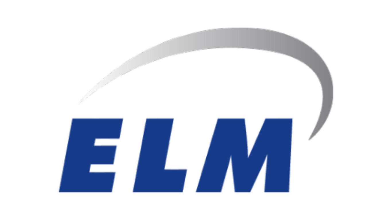 ELM logo: bold blue letters with a white outline and a gray curved swoosh above.
