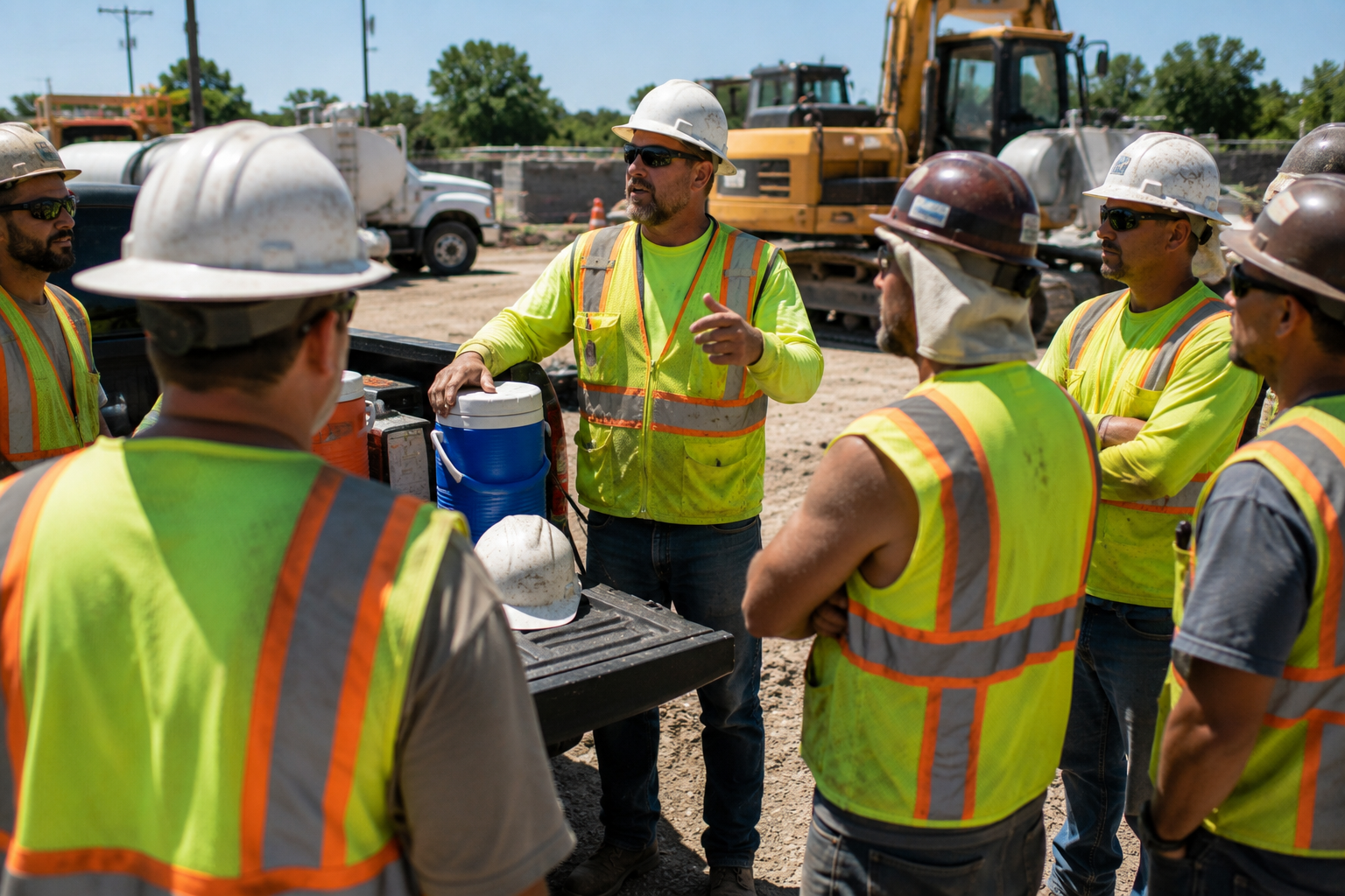 A construction supervisor in a neon safety vest speaks to a group of workers around a pickup bed with water cooler on a job site.