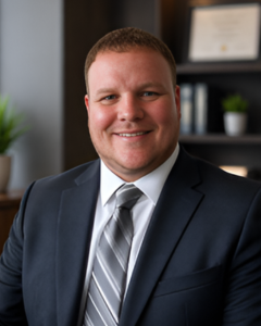 JOEL JOHNSON | OHIO811 Professional headshot of a smiling man in a navy suit and striped tie, in an office setting.