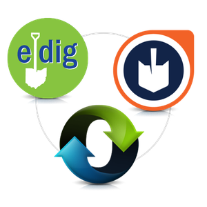 Combined RTE Logo | OHIO811 Logo collage of three connected icons: a green circular 'edig' logo with a shovel, an orange rounded-square icon with a white shovel symbol, and a blue-green circular arrow looping through them.