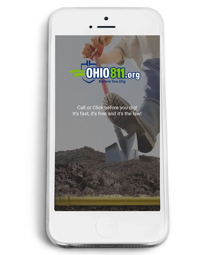 Website-APP-2026-screenshot1 | OHIO811 Smartphone screen showing Ohio811.org logo and digging warning: 'Call or Click before you dig! It’s fast, it’s free and it’s the law!'