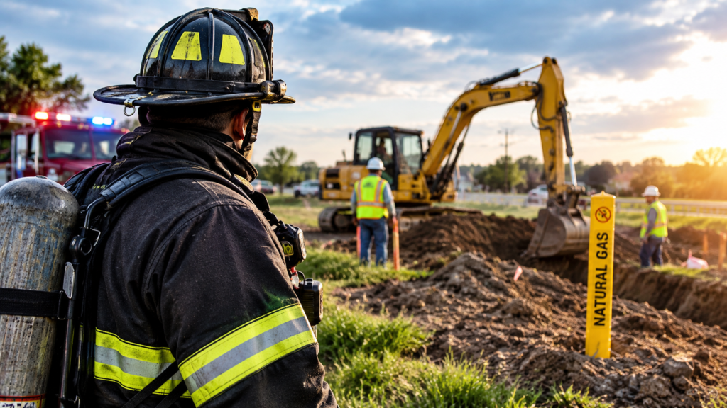 Fireman and Excavation | OHIO811 Firefighter in turnout gear with air tank surveys a construction site with an excavator and workers nearby near a natural gas marker.